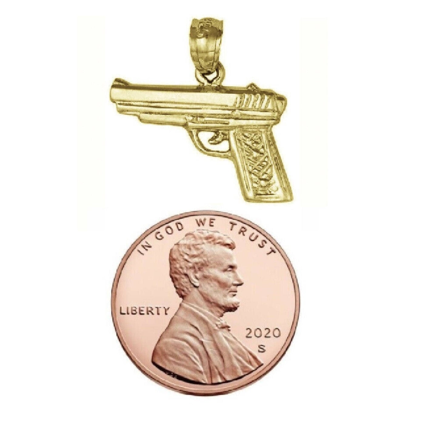 925 Sterling Silver Yellow Gold Plated 1mm Cable Chain Necklace w/ Handgun Revolver Pistol Gun Pendant Charm