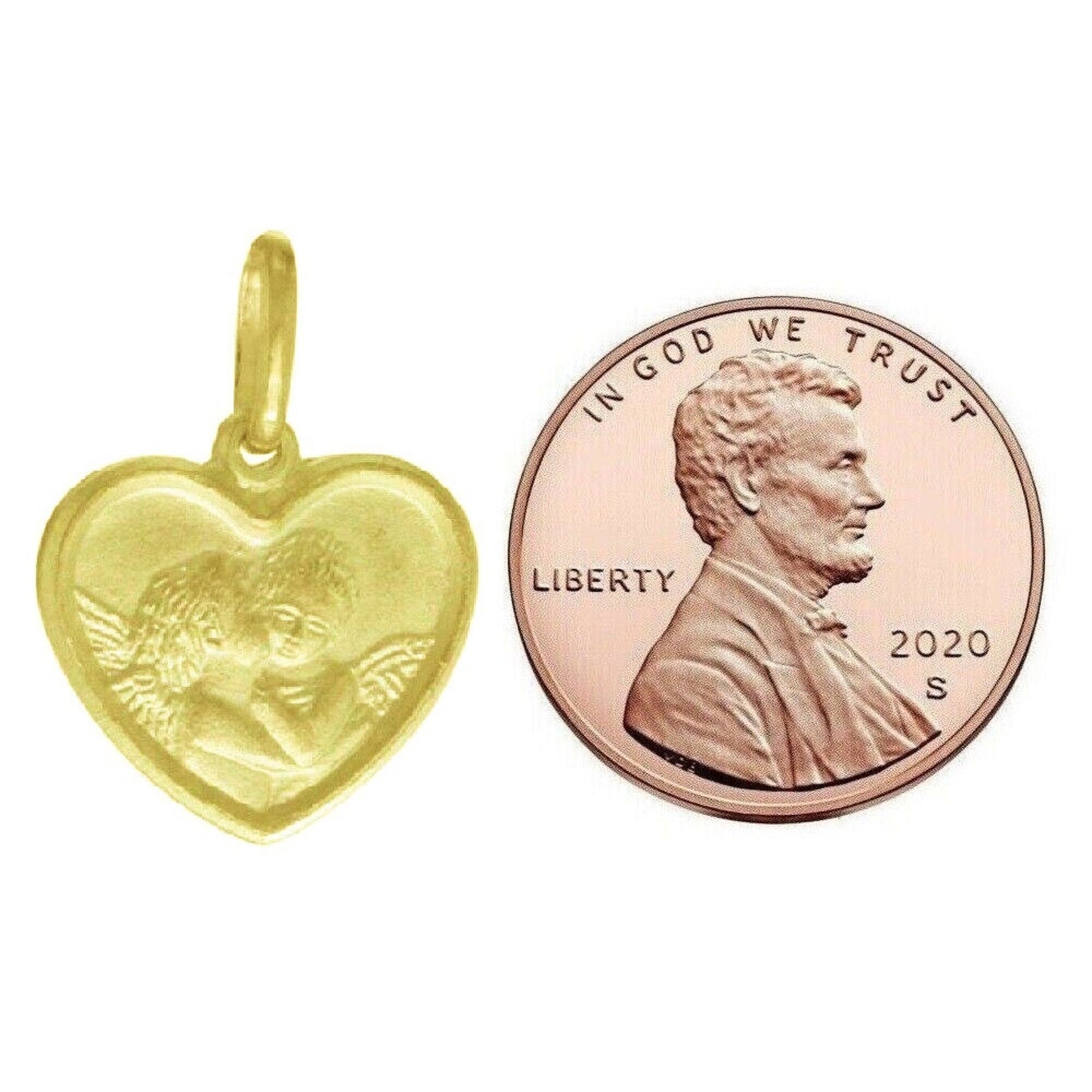 925 Sterling Silver Yellow Gold Plated 1mm Cable Chain Necklace w/ Kissing Angels Heart Pendant Charm