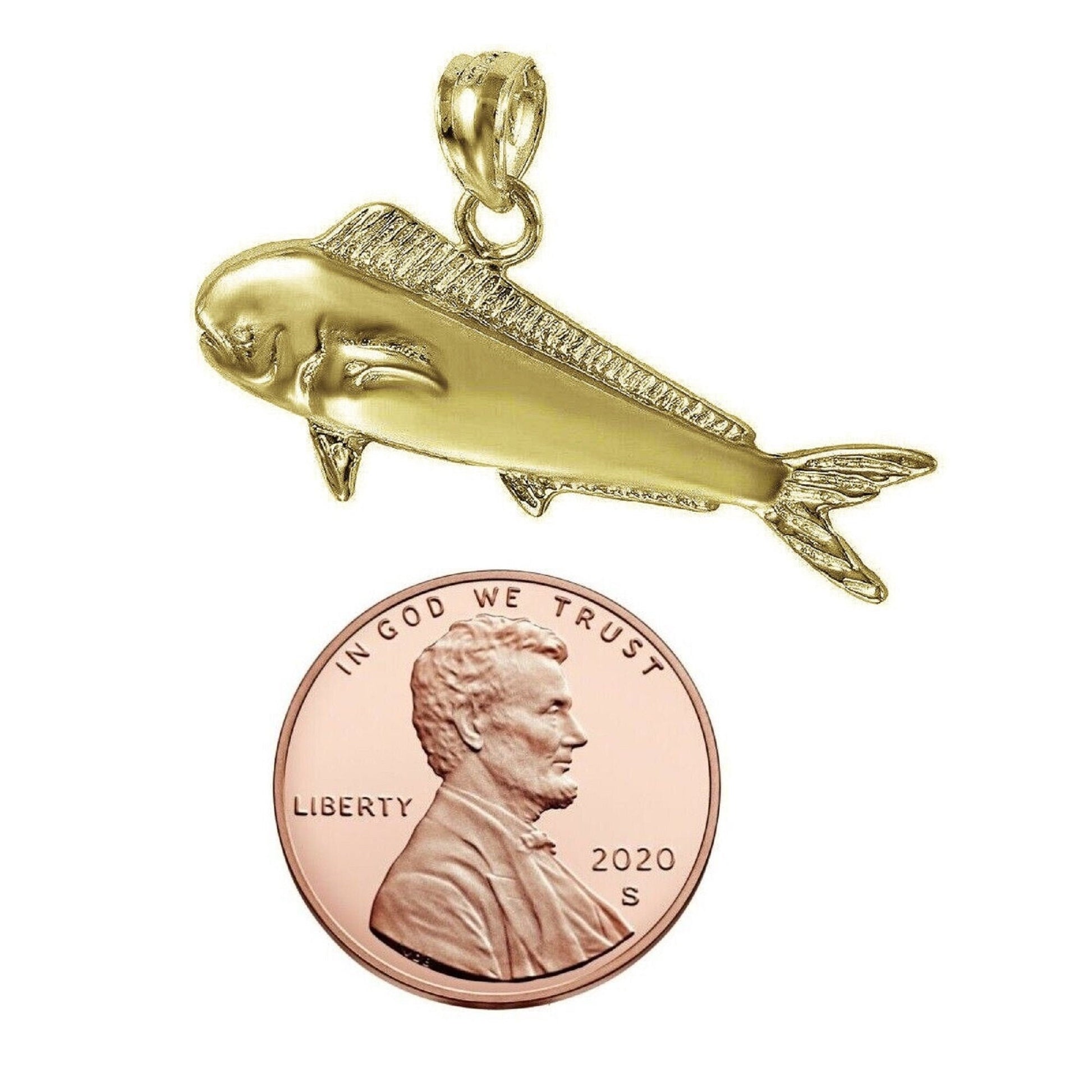 925 Sterling Silver Yellow Gold Plated 1mm Cable Chain Necklace w/ Mahi Mahi Fish Pendant Charm