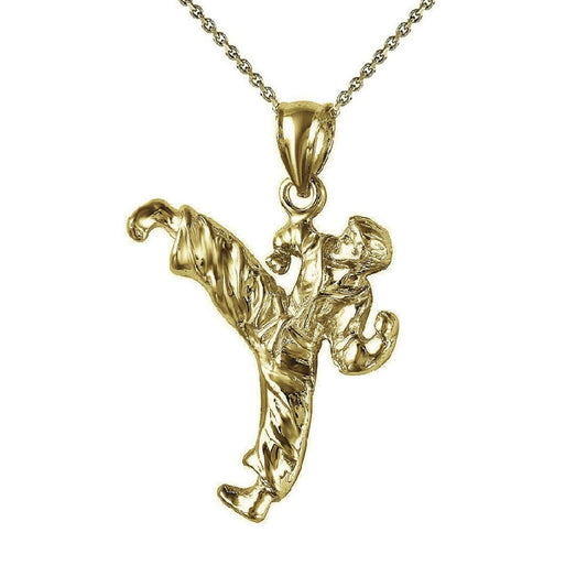 925 Sterling Silver Yellow Gold Plated 1mm Cable Chain Necklace w/ Martial Arts Karate Pendant