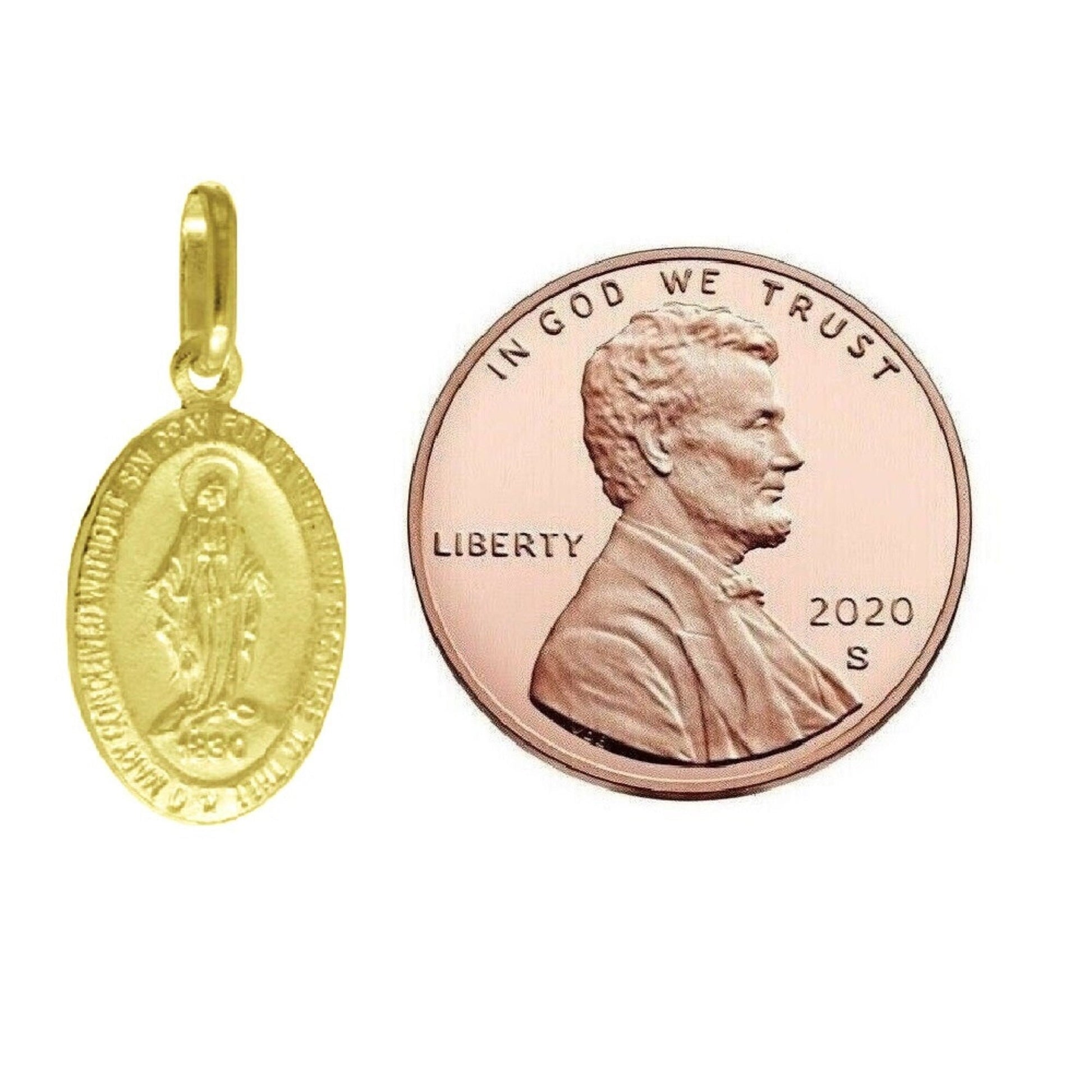 925 Sterling Silver Yellow Gold Plated 1mm Cable Chain Necklace w/ Miraculous Virgin Mary Pendant Charm