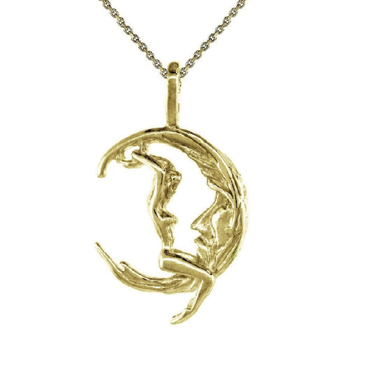 925 Sterling Silver Yellow Gold Plated 1mm Cable Chain Necklace w/ Moon Rider 3D Pendant