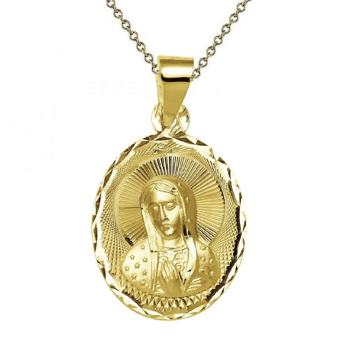 925 Sterling Silver Yellow Gold Plated 1mm Cable Chain Necklace w/ Mother Mary Pendant Charm