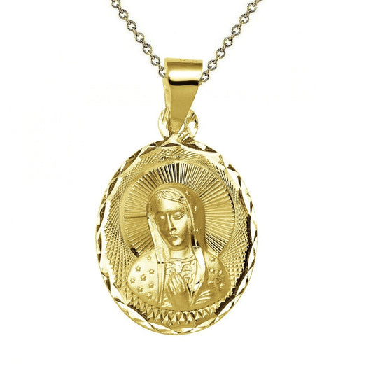 925 Sterling Silver Yellow Gold Plated 1mm Cable Chain Necklace w/ Mother Mary Pendant Charm