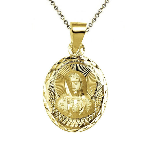 925 Sterling Silver Yellow Gold Plated 1mm Cable Chain Necklace w/ Our Lady of Guadalupe Oval-Shaped Pendant Charm