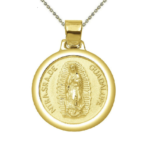 925 Sterling Silver Yellow Gold Plated 1mm Cable Chain Necklace w/ Our Lady of Guadalupe Round-Shaped Pendant Charm