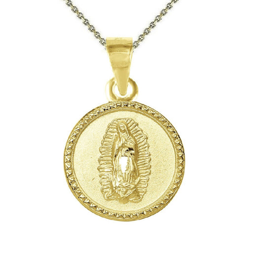 925 Sterling Silver Yellow Gold Plated 1mm Cable Chain Necklace w/ Our Lady of Guadalupe Round-Shaped Pendant Charm