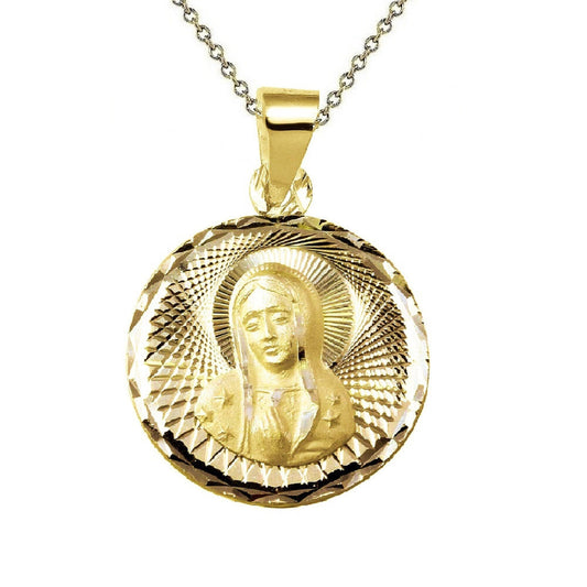 925 Sterling Silver Yellow Gold Plated 1mm Cable Chain Necklace w/ Our Lady of Guadalupe Round-Shaped Pendant Charm