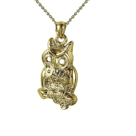 925 Sterling Silver Yellow Gold Plated 1mm Cable Chain Necklace w/ Owl Pendant Charm