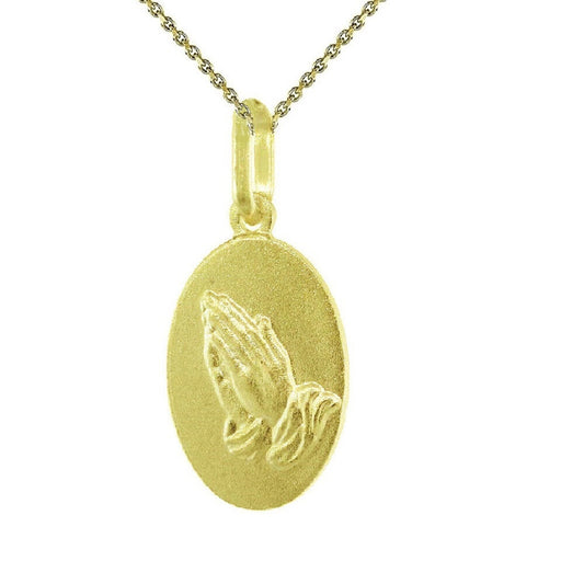 925 Sterling Silver Yellow Gold Plated 1mm Cable Chain Necklace w/ Praying Hands Pendant Charm