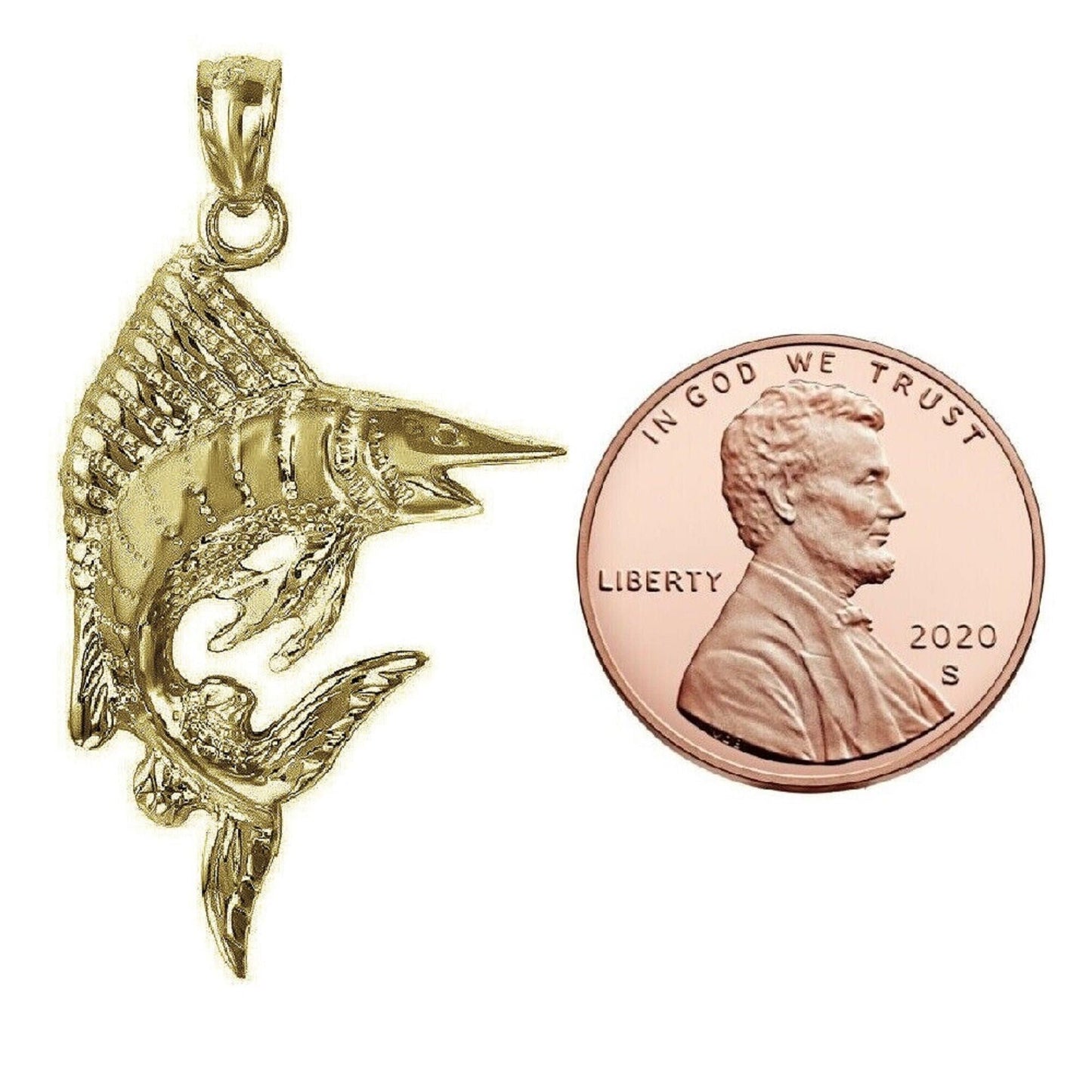 925 Sterling Silver Yellow Gold Plated 1mm Cable Chain Necklace w/ Sailfish Marlin Pendant Charm