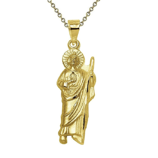 925 Sterling Silver Yellow Gold Plated 1mm Cable Chain Necklace w/ Saint Jude Pendant Charm