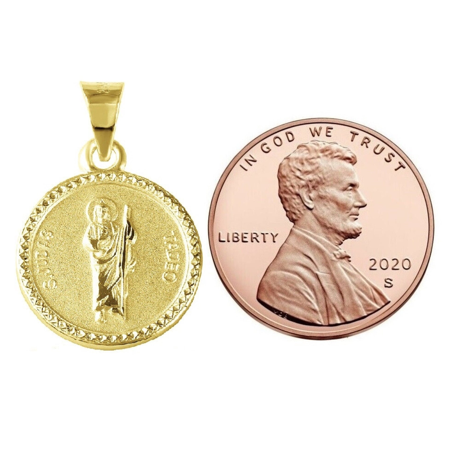 925 Sterling Silver Yellow Gold Plated 1mm Cable Chain Necklace w/ Saint Jude Round-Shaped Pendant Charm