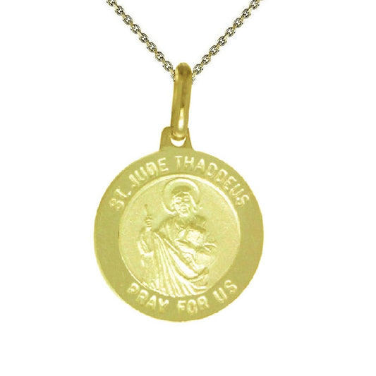 925 Sterling Silver Yellow Gold Plated 1mm Cable Chain Necklace w/ Saint Jude Thaddeus Pray For Us Round-Shaped Pendant Charm