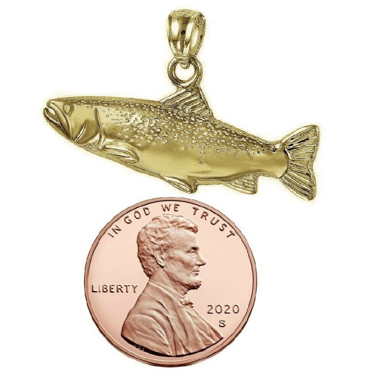 925 Sterling Silver Yellow Gold Plated 1mm Cable Chain Necklace w/ Salmon Fish Pendant Charm