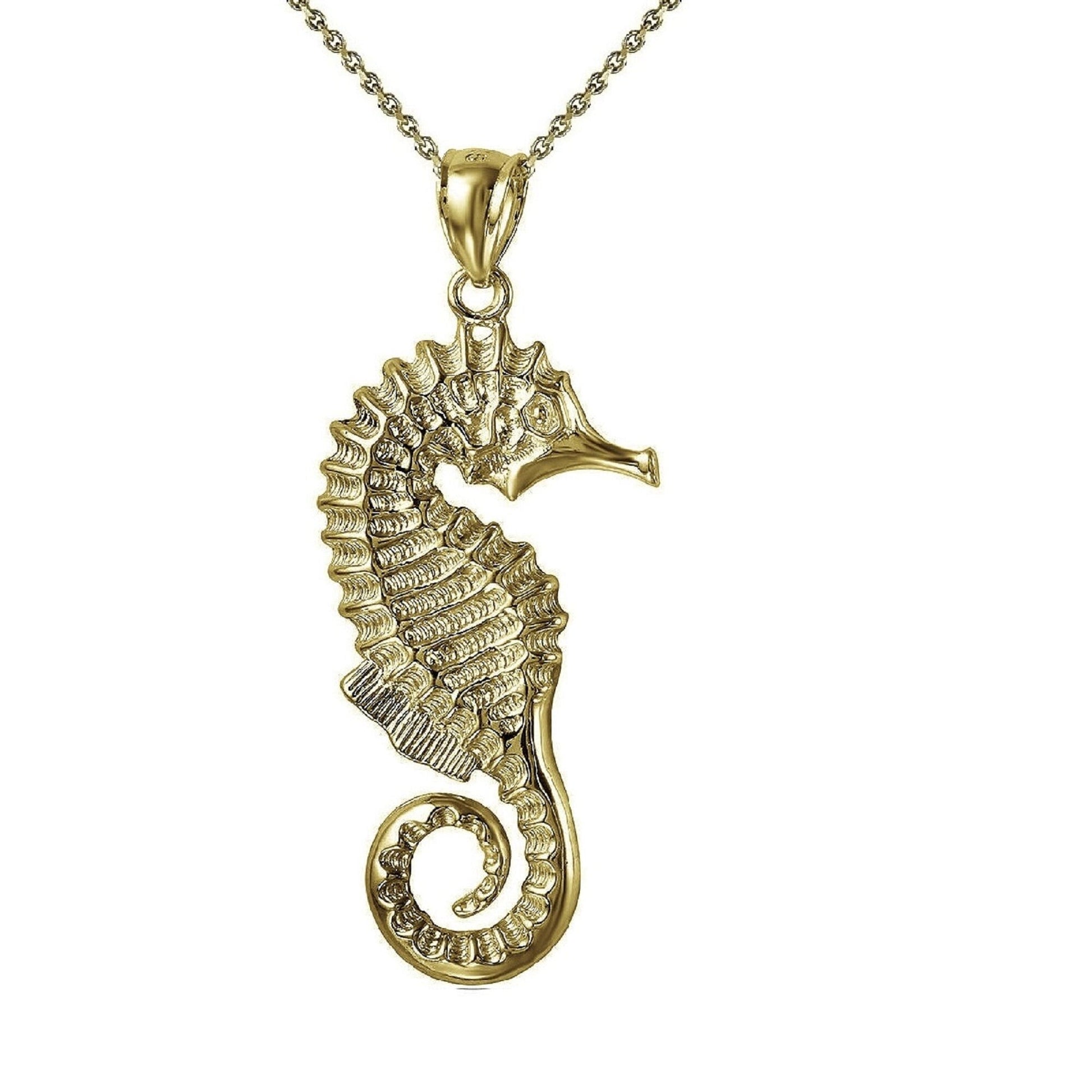 925 Sterling Silver Yellow Gold Plated 1mm Cable Chain Necklace w/ Seahorse Large Pendant