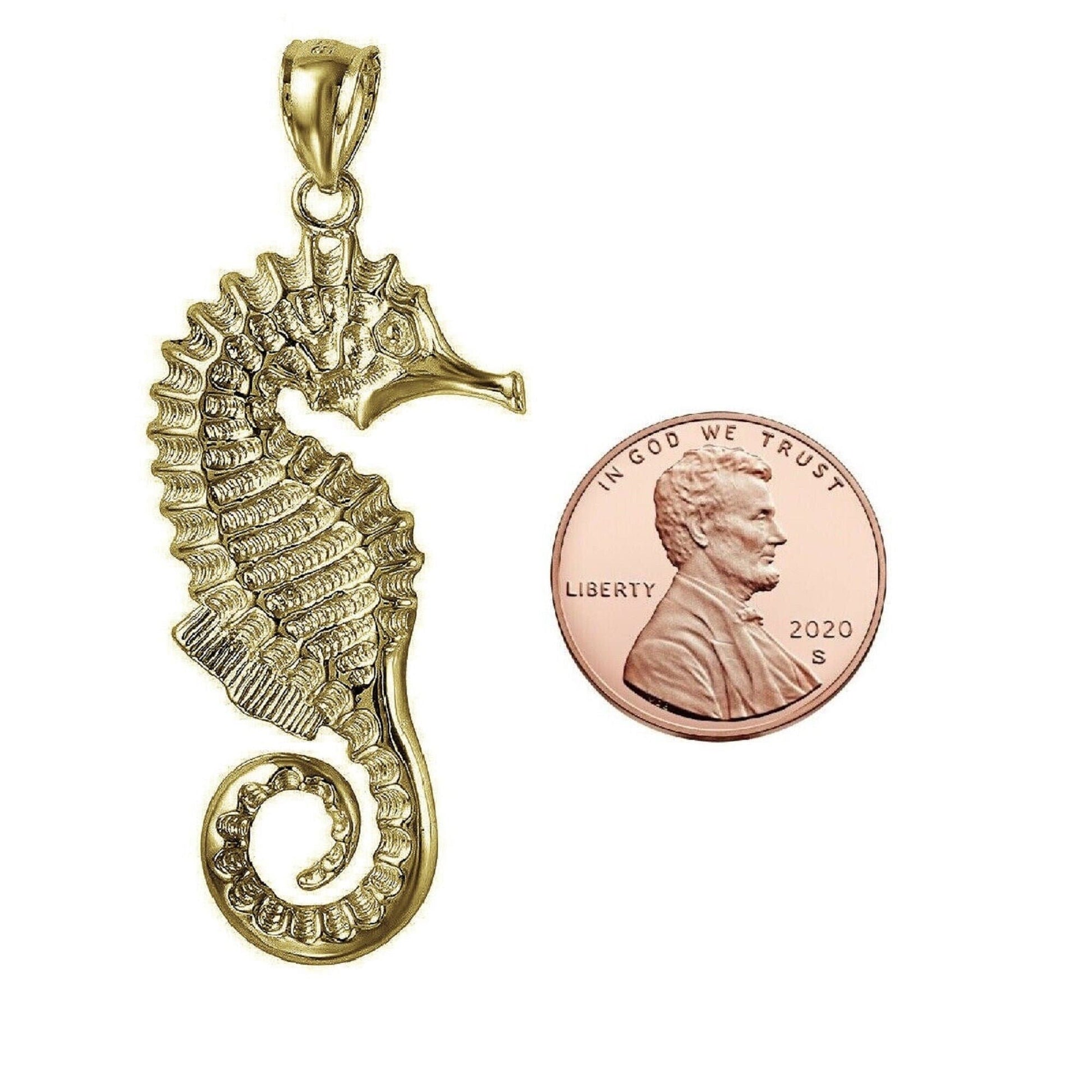 925 Sterling Silver Yellow Gold Plated 1mm Cable Chain Necklace w/ Seahorse Large Pendant