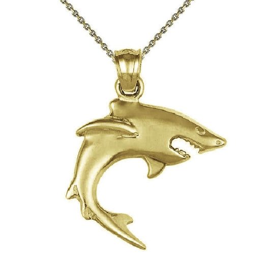 925 Sterling Silver Yellow Gold Plated 1mm Cable Chain Necklace w/ Shark Pendant Charm