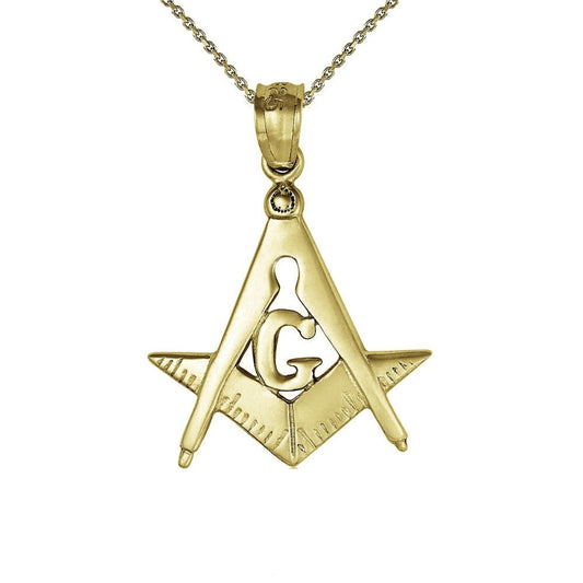 925 Sterling Silver Yellow Gold Plated 1mm Cable Chain Necklace w/ Square & Compass Masonic Symbol Pendant