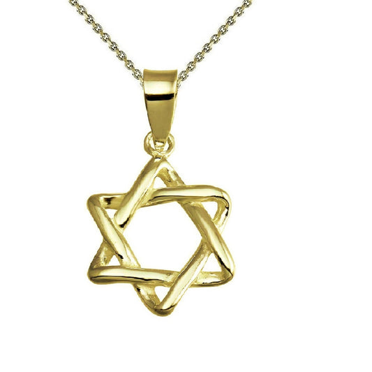 925 Sterling Silver Yellow Gold Plated 1mm Cable Chain Necklace w/ Star of David 3D Pendant Charm