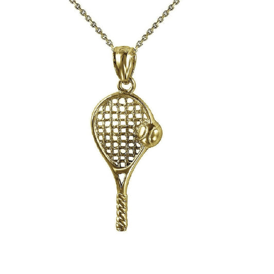 925 Sterling Silver Yellow Gold Plated 1mm Cable Chain Necklace w/ Tennis Racket Ball Pendant Charm