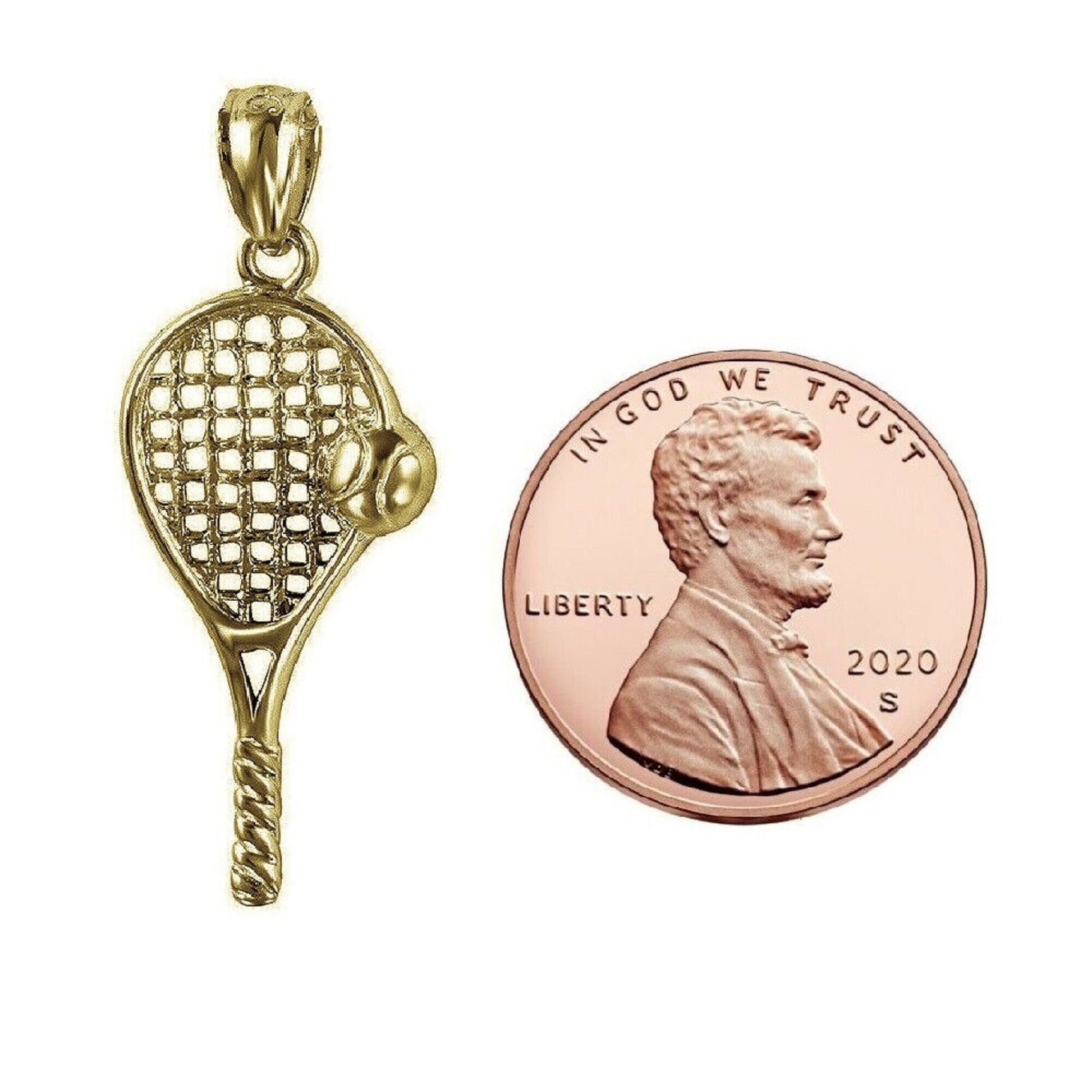 925 Sterling Silver Yellow Gold Plated 1mm Cable Chain Necklace w/ Tennis Racket Ball Pendant Charm