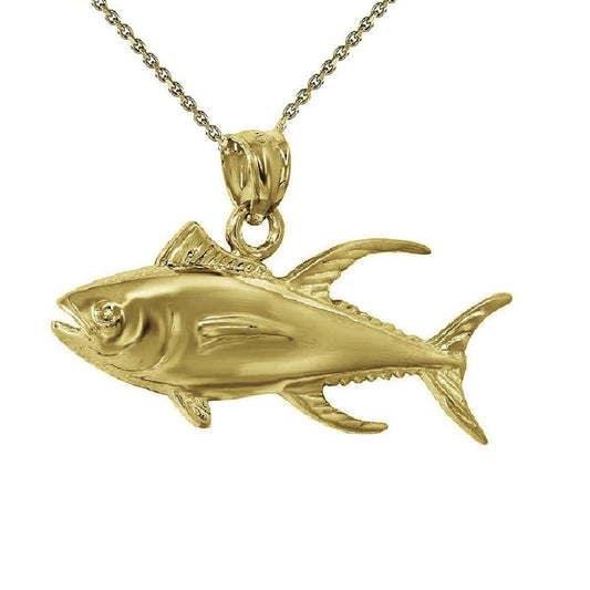925 Sterling Silver Yellow Gold Plated 1mm Cable Chain Necklace w/ Tuna Fish Pendant Charm