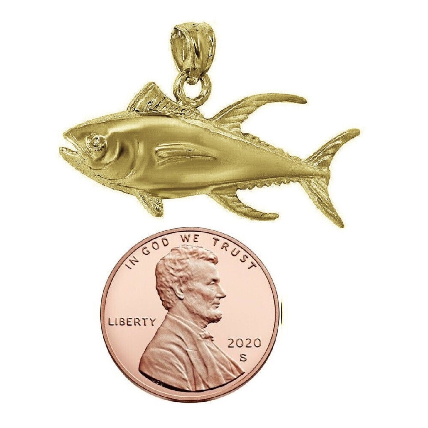 925 Sterling Silver Yellow Gold Plated 1mm Cable Chain Necklace w/ Tuna Fish Pendant Charm