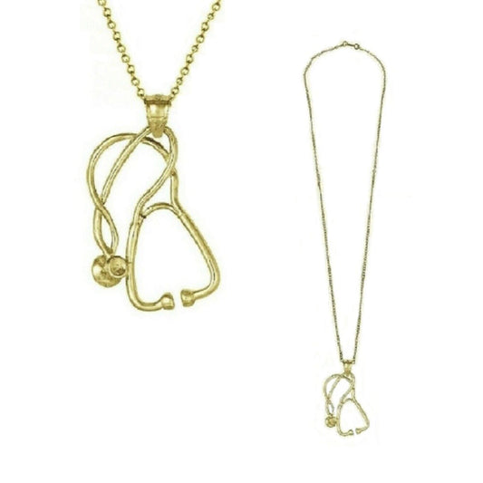 925 Sterling Silver Yellow Gold Plated Necklace w/ Medical Stethoscope 3D Pendant