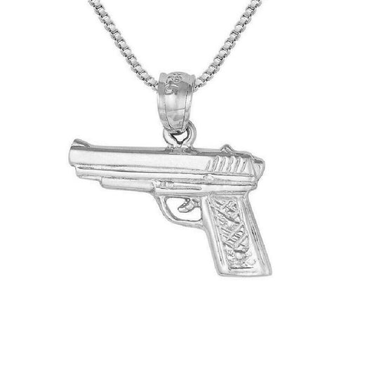 925 Sterling Silver Necklace w/ HANDGUN PISTOL GUN Pendant Charm