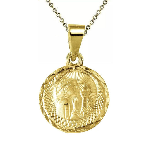 925 Sterling Silver Yellow Gold Plated 1mm Cable Chain Necklace w/ Communion Round Shaped Pendant Charm