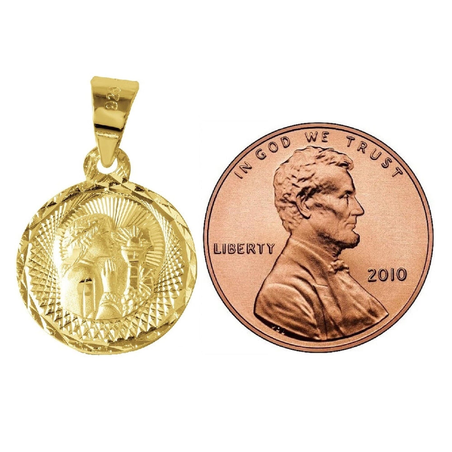 925 Sterling Silver Yellow Gold Plated 1mm Cable Chain Necklace w/ Communion Round Shaped Pendant Charm