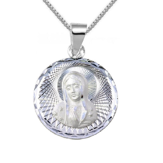 925 Sterling Silver Necklace w/ Our Lady of Guadalupe Round-Shaped Pendant Charm