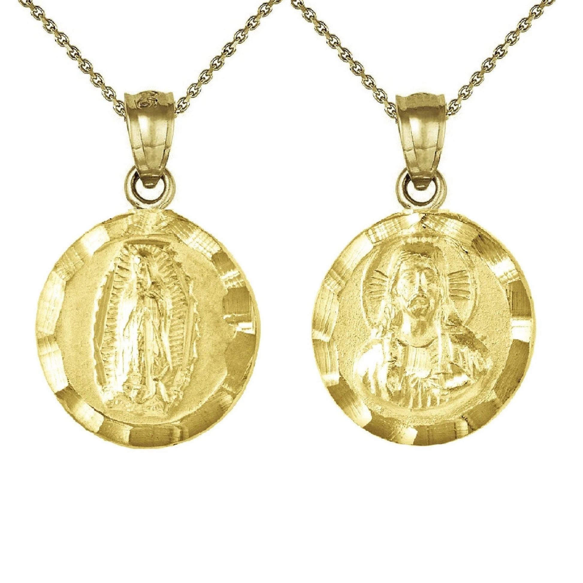 925 Sterling Silver Yellow Gold Plated 1mm Cable Chain Necklace w/ Guadalupe & Sacred Heart of Jesus 2-sided Pendant Charm
