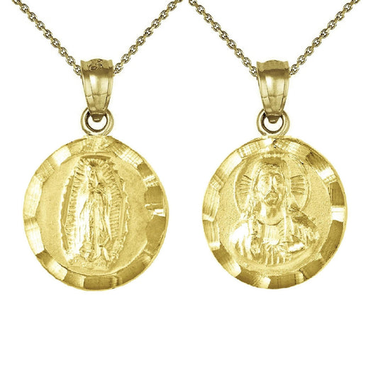 925 Sterling Silver Yellow Gold Plated 1mm Cable Chain Necklace w/ Guadalupe & Sacred Heart of Jesus 2-sided Pendant Charm