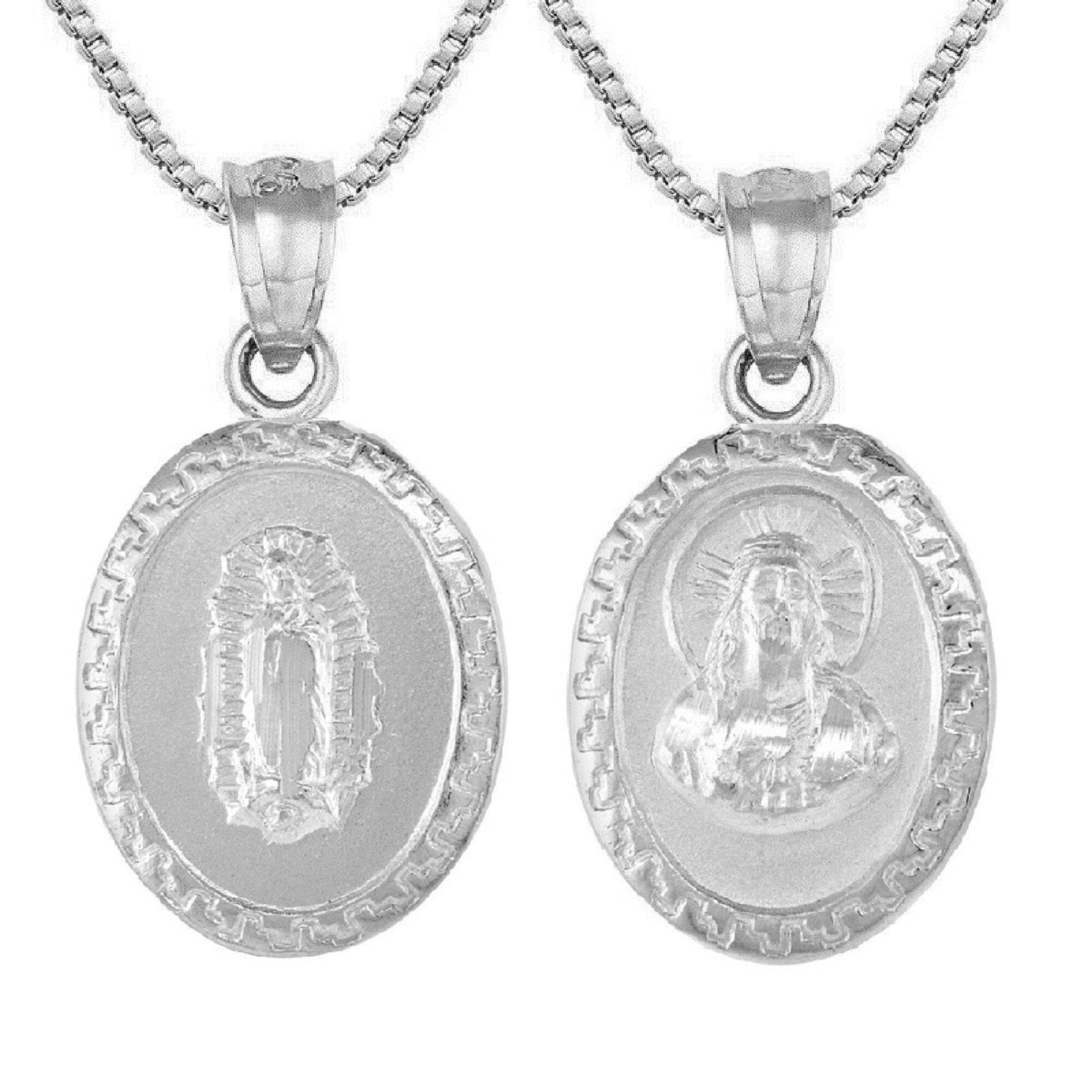 925 Sterling Silver Necklace w/ Guadalupe & Sacred Heart of Jesus 2-sided Pendant Charm