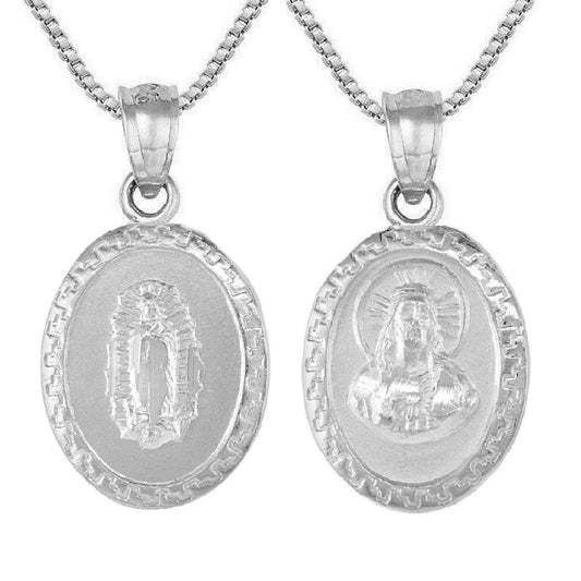 925 Sterling Silver Necklace w/ Guadalupe & Sacred Heart of Jesus 2-sided Pendant Charm