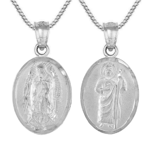 925 Sterling Silver Necklace w/ Guadalupe & Saint Jude 2-sided Pendant Charm
