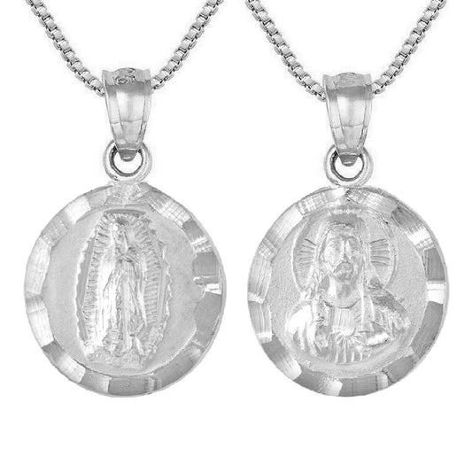 925 Sterling Silver Necklace w/ Guadalupe & Sacred Heart of Jesus 2-sided Pendant Charm