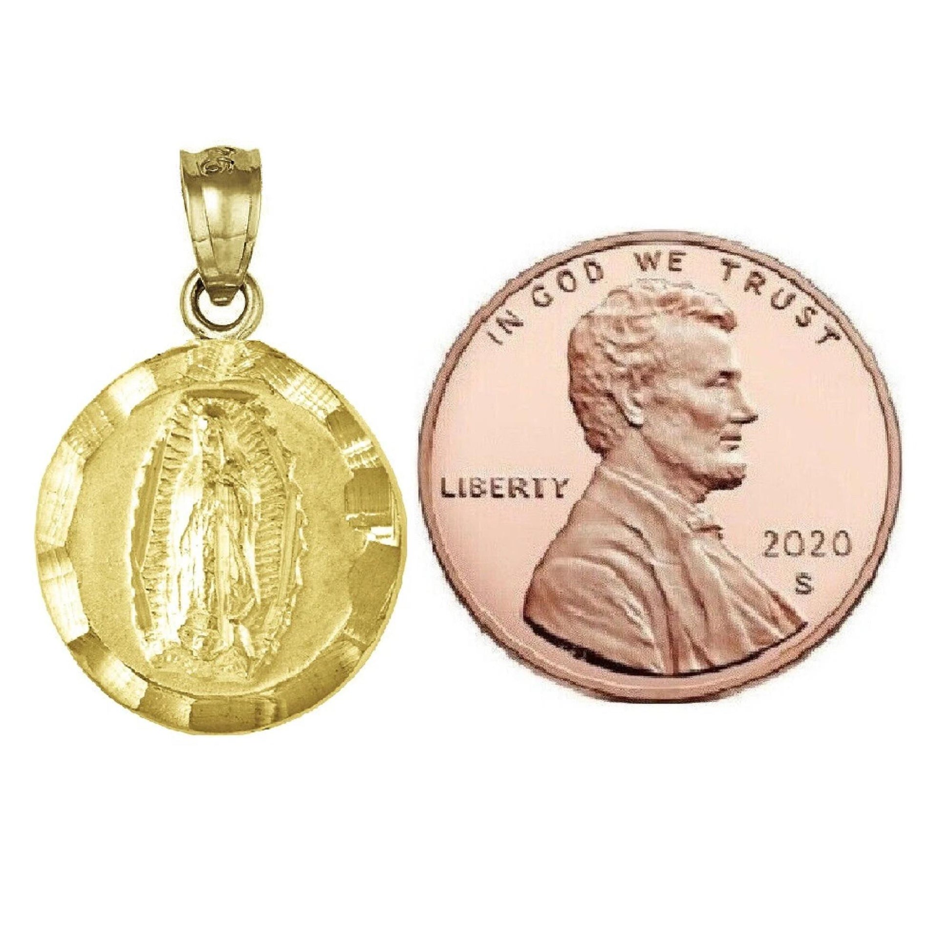 925 Sterling Silver Yellow Gold Plated 1mm Cable Chain Necklace w/ Guadalupe & Sacred Heart of Jesus 2-sided Pendant Charm