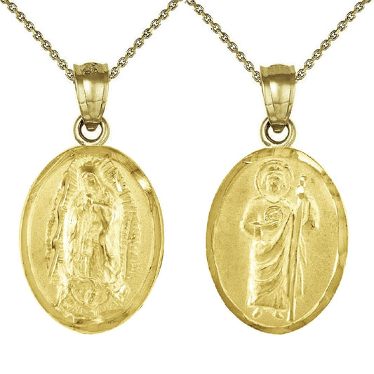 925 Sterling Silver Yellow Gold Plated 1mm Cable Chain Necklace w/ Guadalupe & Saint Jude 2-sided Pendant Charm