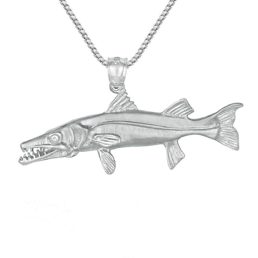 925 Sterling Silver Necklace w/ Barracuda Fish 3D (3 Dimensional) Solid Pendant