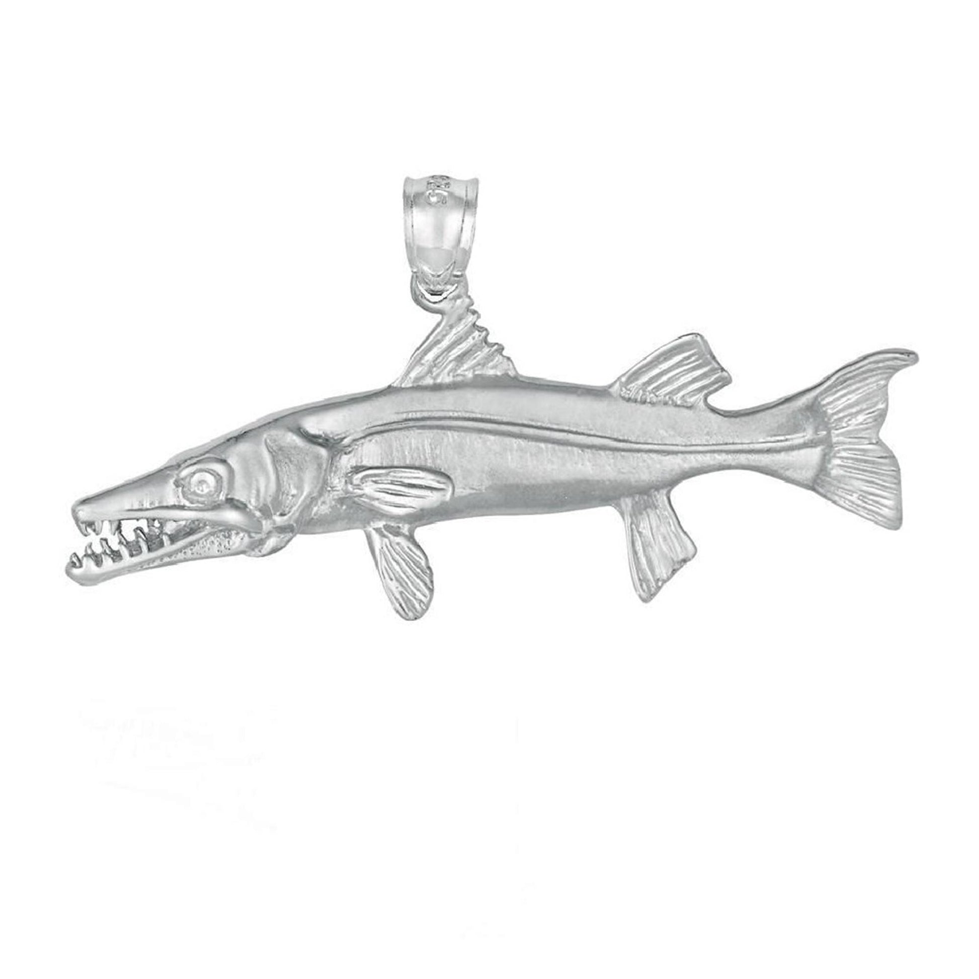 925 Sterling Silver Necklace w/ Barracuda Fish 3D (3 Dimensional) Solid Pendant