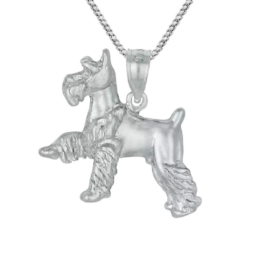 925 Sterling Silver Necklace w/ Miniature Schnauzer Dog 3D Solid Pendant Charm