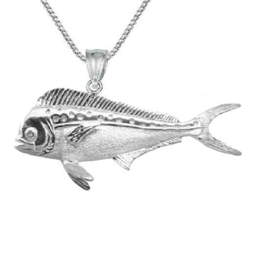 925 Sterling Silver Necklace w/ Mahi Mahi Fish 3D (3 Dimensional) Solid Pendant
