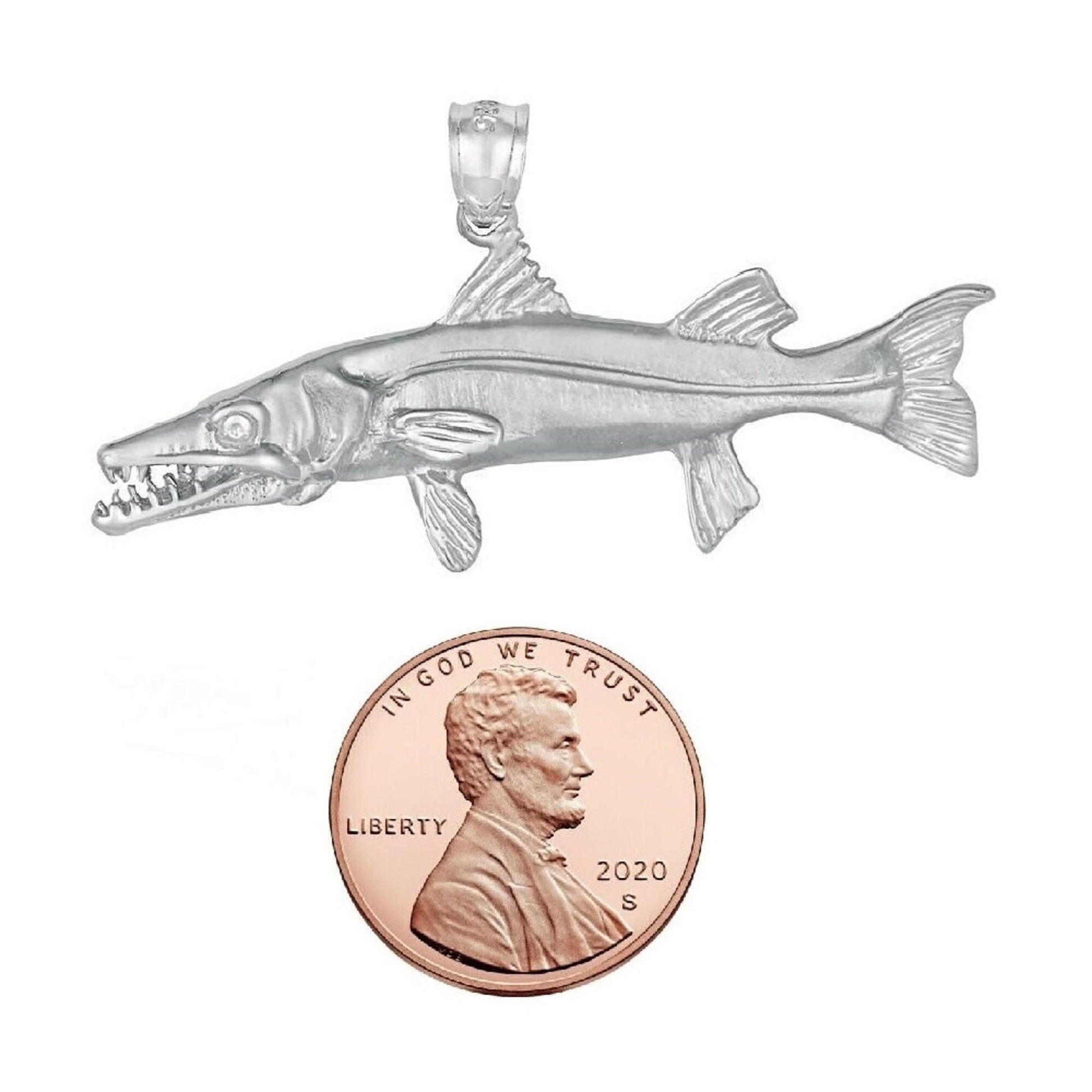 925 Sterling Silver Necklace w/ Barracuda Fish 3D (3 Dimensional) Solid Pendant