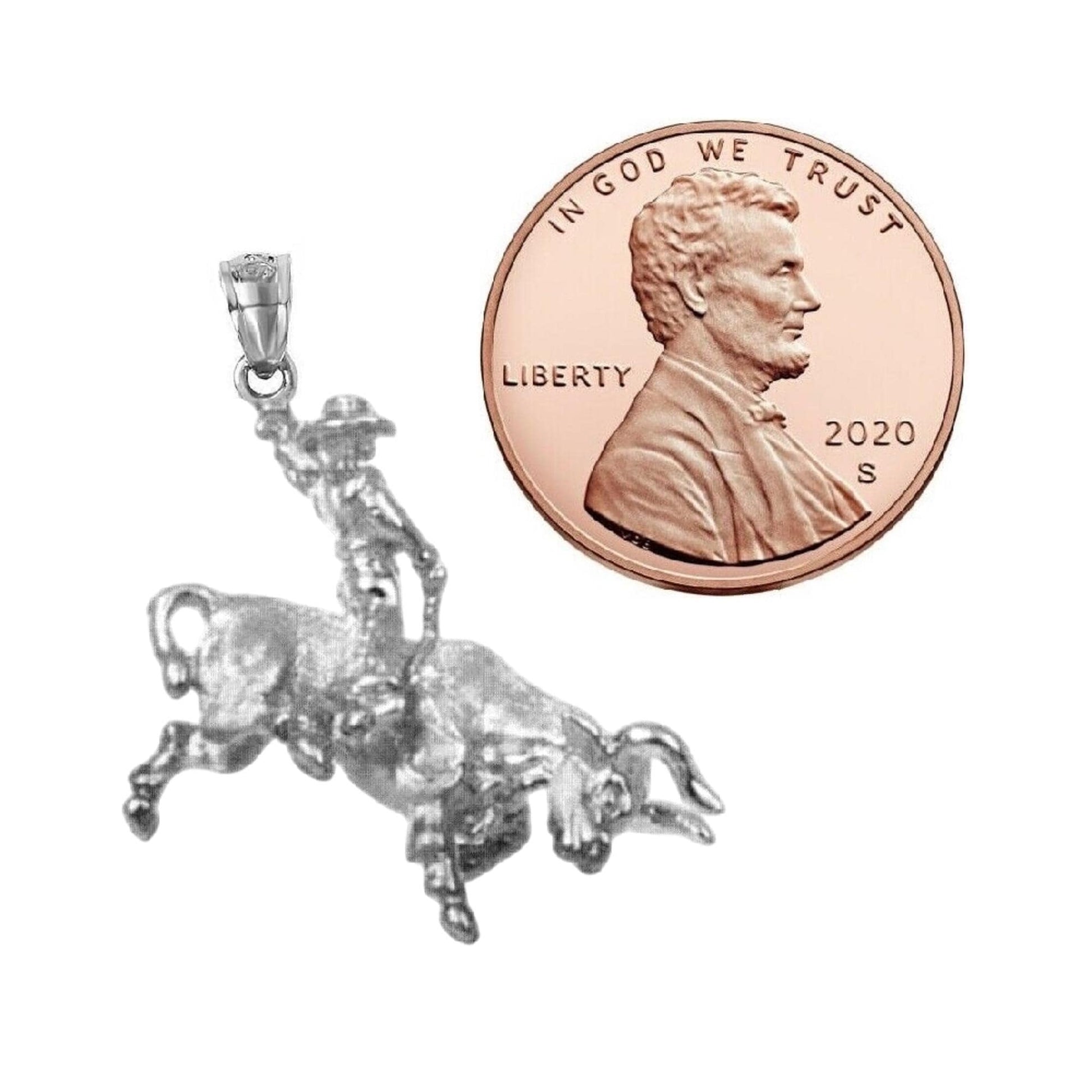 925 Sterling Silver Necklace w/ Cowboy Riding Bull 3D (3 Dimensional) Solid Pendant