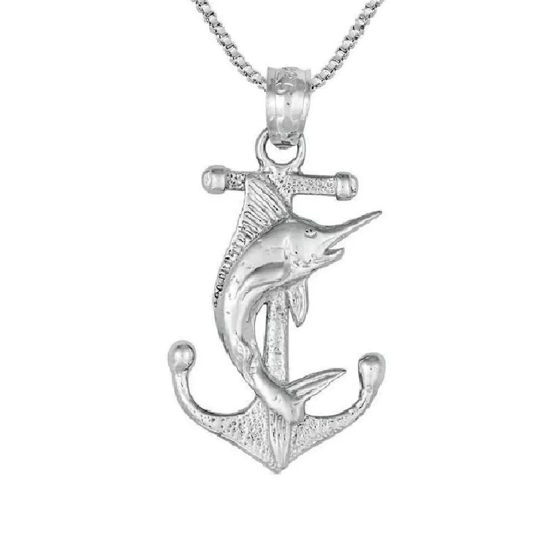 925 Sterling Silver Necklace w/ Anchor with Marlin Pendant Charm