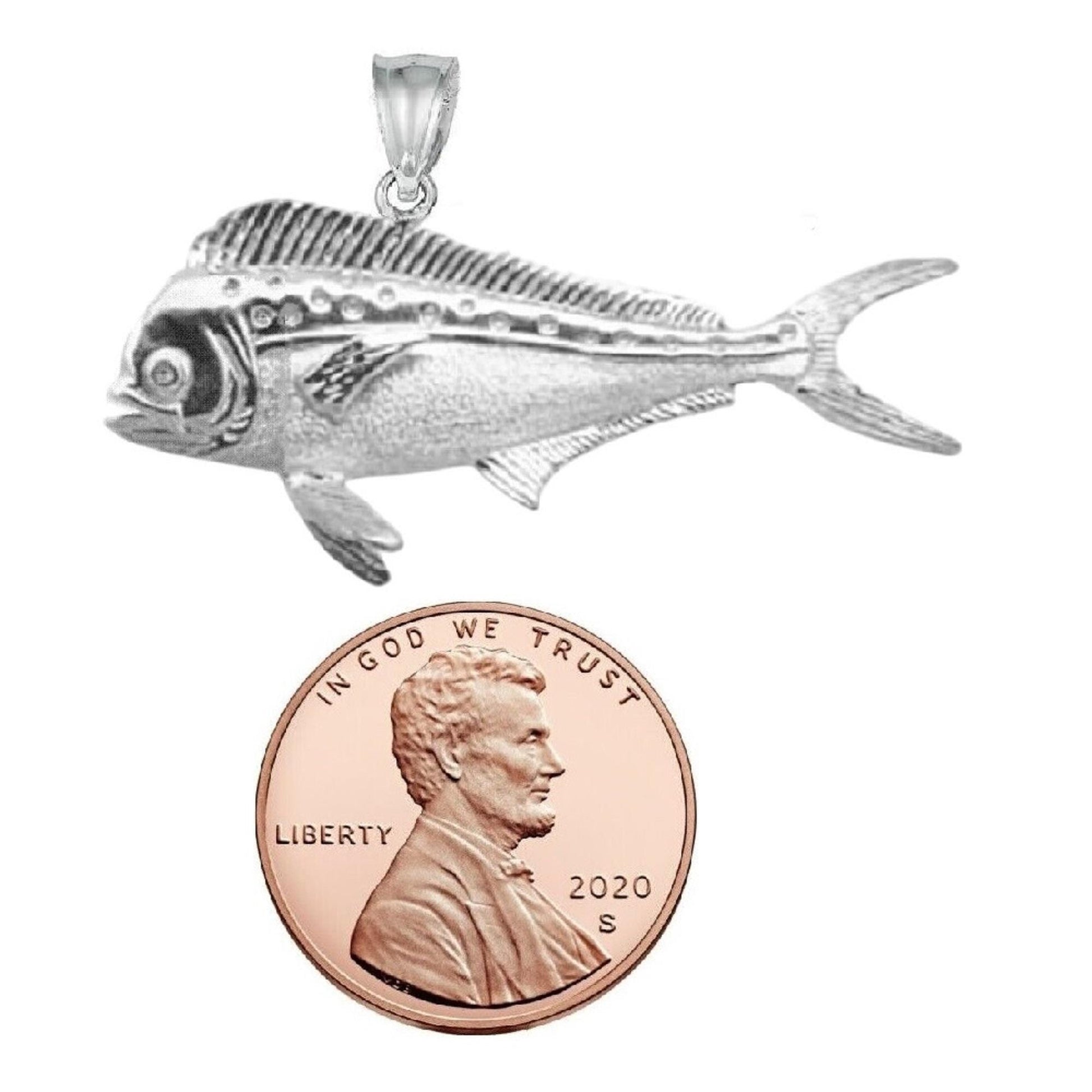 925 Sterling Silver Necklace w/ Mahi Mahi Fish 3D (3 Dimensional) Solid Pendant
