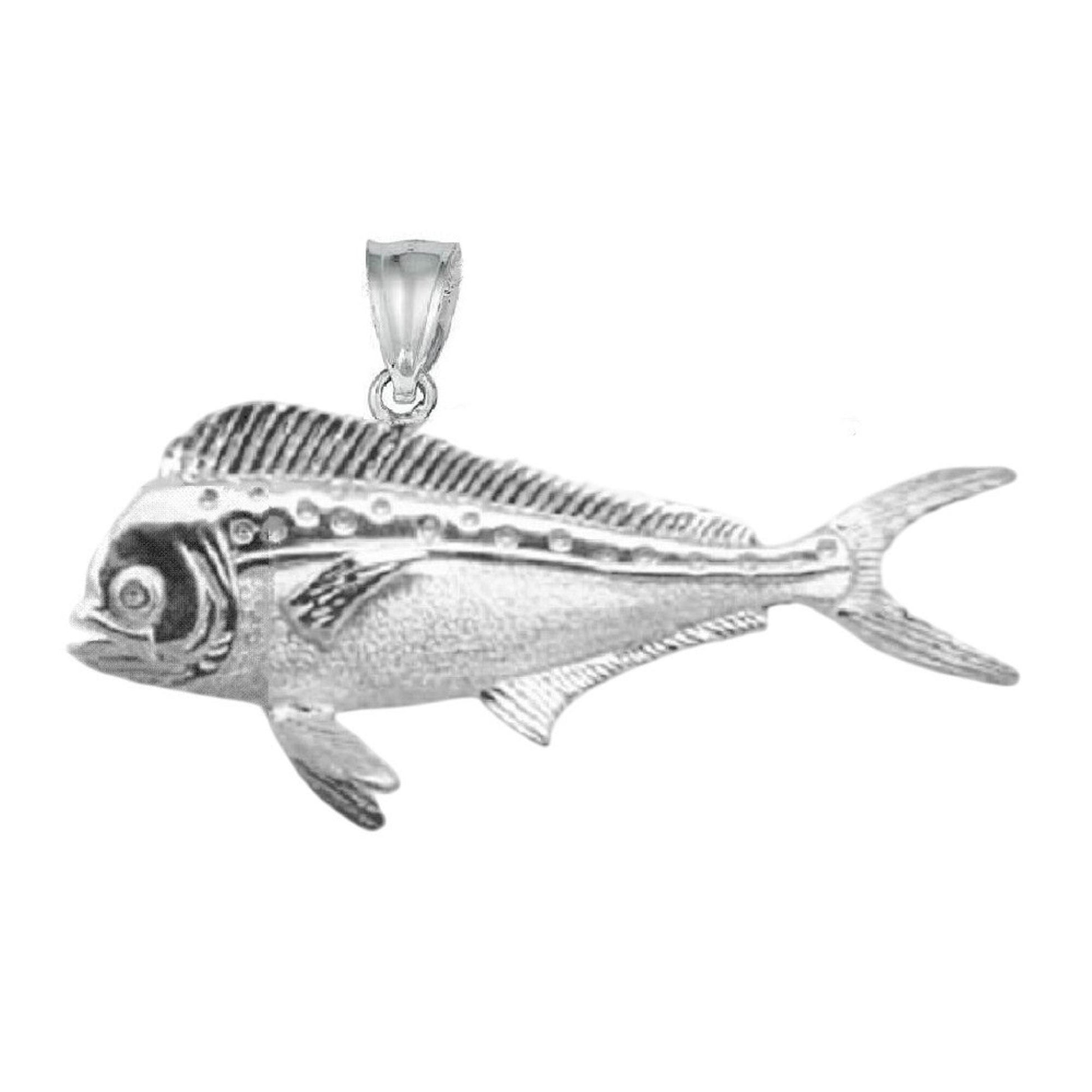 925 Sterling Silver Necklace w/ Mahi Mahi Fish 3D (3 Dimensional) Solid Pendant